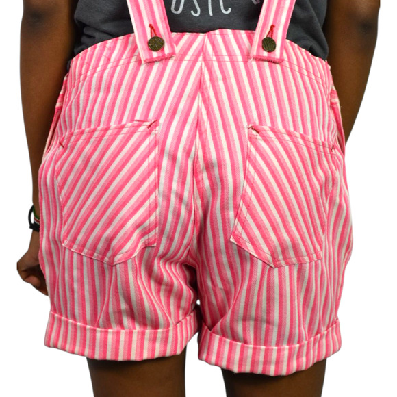 Vintage Mr Fly Bib Overalls Pink Stripe Button Denim Shortalls Shorts Cuffed XS - Picture 7 of 16